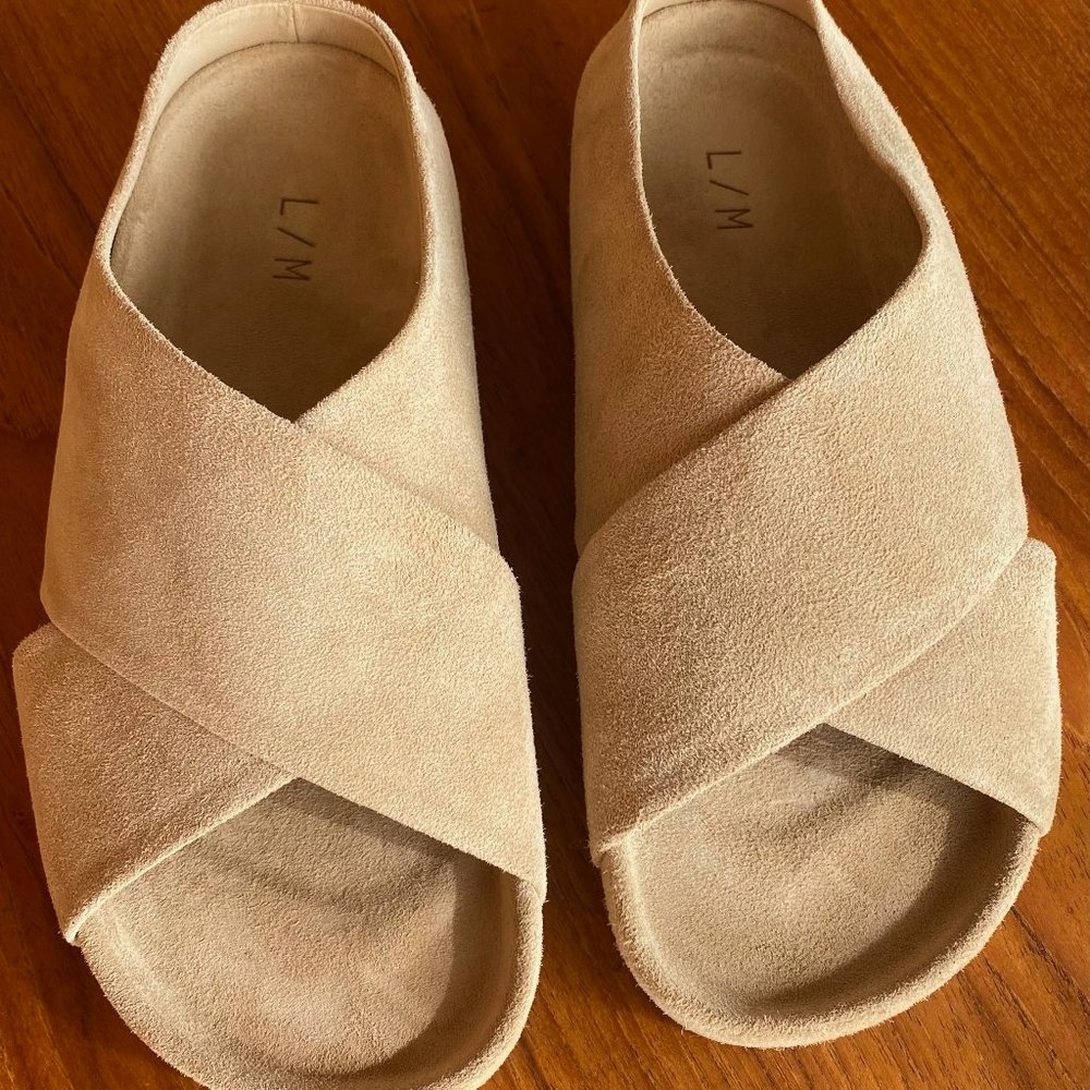 LAUREN MANOOGIAN SUEDE CROSS SANDALS